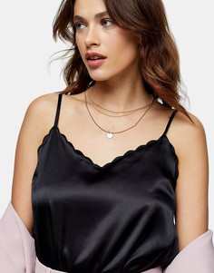 Черный атласный топ на бретельках с фестонами Topshop