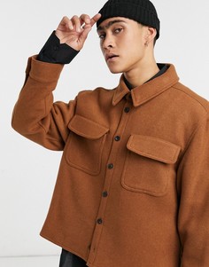 Куртка-рубашка табачного цвета с добавлением шерсти ASOS DESIGN-Коричневый
