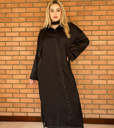 Свободное платье макси черного цвета из блестящего атласа с контрастной прострочкой на пуговицах Native Youth Plus-Черный