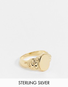 Серебряное кольцо-печатка с гравировкой в виде льва и позолотой 14 карат ASOS DESIGN