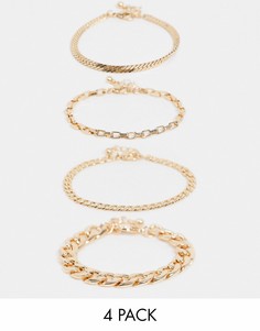 Набор из 4 золотистых браслетов-цепочек с классическими звеньями и узором "в елочку" ASOS DESIGN-Золотистый