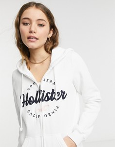 Худи белого цвета на сквозной молнии с логотипом спереди Hollister-Белый