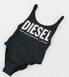 Черный слитный купальник с большим логотипом металлик Diesel