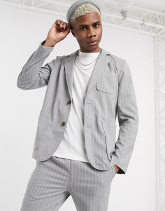 Серый пиджак в тонкую полоску с квадратными карманами от костюма ASOS DESIGN
