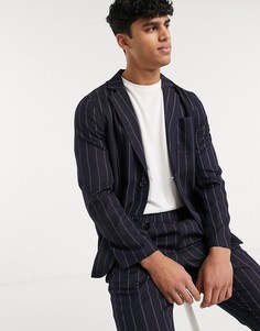 Пиджак узкого кроя темно-синего цвета в узкую полоску от костюма ASOS DESIGN-Темно-синий