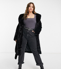 Удлиненное пальто с поясом из искусственного меха черного цвета New Look Curve-Черный