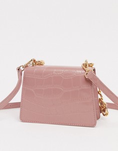 Розовая кожаная сумка через плечо с эффектом крокодиловой кожи со съемным ремешком ASOS DESIGN-Розовый