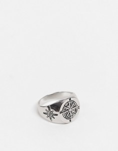 Серебристое кольцо-печатка с дизайном в виде компаса Topman-Серебряный