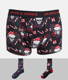 Новогодний подарочный набор с боксерами-брифами и носками с принтом черепов Jack & Jones-Черный