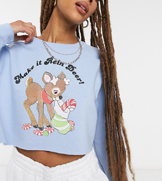 Укороченный свитшот в стиле oversized с новогодним винтажным изображением и надписью "Make it Rain Deer" New Girl Order-Синий