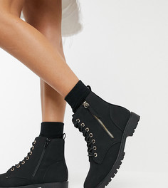 Черные ботинки на плоской подошве со шнуровкой и молнией New Look Wide Fit-Черный