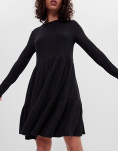 Черное свободное платье мини с длинными рукавами Bershka-Черный