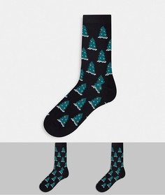 Набор из 2 пар черных носков из органического хлопка с узором новогодней елки, месяца и звезд Monki Polly-Черный