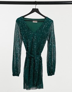 Изумрудно-зеленое платье мини с глубоким вырезом и пайетками Club L-Зеленый