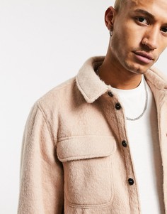 Oversized куртка-рубашка бежевого цвета из ткани с добавлением шерсти на стеганой подкладке ASOS DESIGN-Neutral