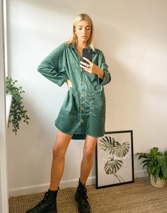 Oversized-платье из вельвета в рубчик цвета хаки на пуговицах Urban Threads-Зеленый