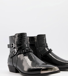 Черные ботинки челси в стиле вестерн из искусственной крокодиловой кожи на кубинском каблуке AASOS DESIGN Wide Fit-Черный