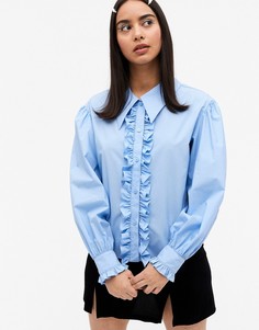 Голубая рубашка с оборками на лифе из хлопка Monki Camina-Синий