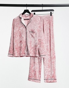 Темно-розовая пижама из жатого бархата со штанами и рубашкой с отложным воротничком Loungeable-Розовый