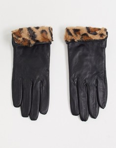Черные кожаные перчатки с отделкой из искусственного меха леопардовой расцветки Accessorize-Черный