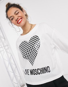 Белый кроп-топ с логотипом и принтом в виде сердца с узором шахматная доска Love Moschino