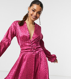 Розовое платье мини на пуговицах спереди с расклешенной юбкой, глубоким вырезом и леопардовым принтом John Zack Petite-Многоцветный