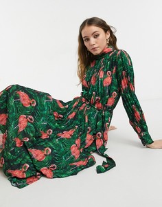 Плиссированное чайное платье мидакси с поясом и ярким принтом фламинго Forever U-Многоцветный