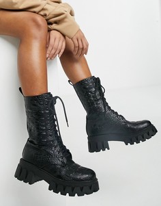 Черные ботинки из искусственной кожи с эффектом крокодиловой кожи на массивной подошве Koi Footwear Fontaine-Черный