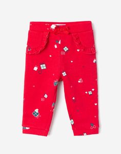 Красные брюки-джоггеры с новогодними рисунками для малышки Gloria Jeans