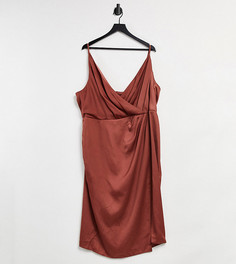 Атласное платье шоколадного цвета с запахом Little Mistress Plus-Коричневый