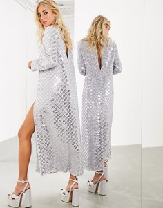 Платье макси с зеркальными пайетками и разрезом ASOS EDITION-Серый