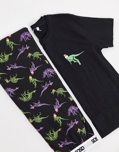 Пижамный комплект из футболки и брюк в новогоднем стиле с принтом динозавров ASOS DESIGN-Черный цвет