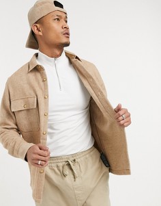 Светло-бежевая куртка-рубашка с узором «в елочку» из ткани с добавлением шерсти ASOS DESIGN-Neutral