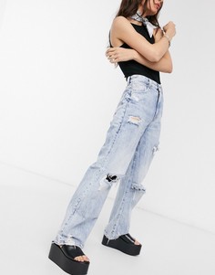 Рваные голубые джинсы прямого кроя в стиле 90-х Bershka-Синий