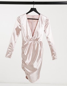 Светло-бежевое атласное платье мини с глубоким вырезом спереди и юбкой с запахом Club L-Серый