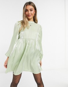 Платье с объемными рукавами и присборенной юбкой шалфейно-зеленого цвета Lola May-Зеленый цвет
