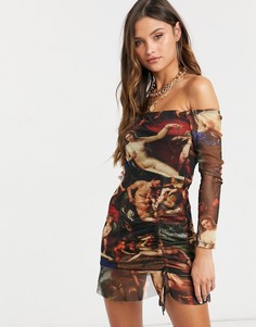 Платье мини с открытыми плечами и длинными рукавами Femme Luxe-Многоцветный