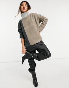 Бежевый вязаный джемпер в стиле колор-блок с отворачивающимся воротником French Connection-Многоцветный