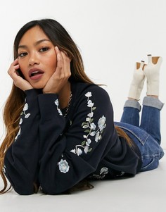 Синий джемпер с вышивкой French Connection-Голубой