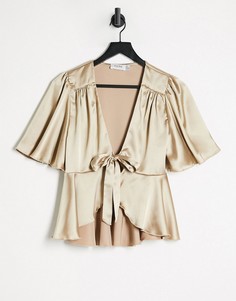Атласная блузка светло-золотистого цвета с бантом спереди и объемными рукавами от комплекта Flounce-Золотистый