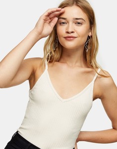 Серовато-бежевая майка в рубчик с V-образным вырезом Topshop-Белый