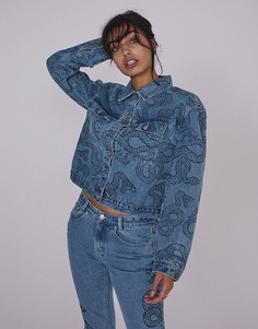 Oversized джинсовая куртка в винтажном стиле с принтом змеи Milk It-Голубой
