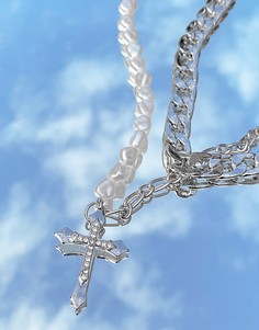 Ярусное ожерелье с подвеской-крестиком и звеньями из искусственного жемчуга Uncommon Souls-Серебряный