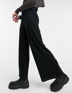 Черные комбинируемые широкие брюки из мягкого трикотажа в рубчик Loungeable-Черный