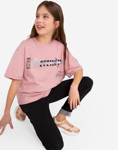Розовая футболка oversize с надписями для девочки Gloria Jeans