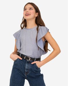 Голубая блестящая футболка с оборками для девочки Gloria Jeans