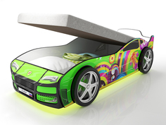 Кровать-машина карлсон турбо с подъемным механизмом, объемными колесами, подсветкой дна и фар (magic cars) зеленый 85x48x178 см.
