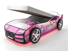 Кровать-машина карлсон турбо фея с подъемным механизмом, объемными колесами, подсветкой дна и фар (magic cars) розовый 85x48x178 см.