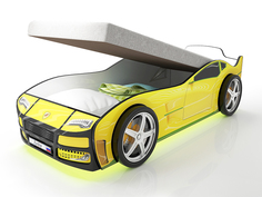 Кровать-машина карлсон турбо с подъемным механизмом, объемными колесами, подсветкой дна и фар (magic cars) желтый 85x48x178 см.
