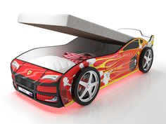 Кровать-машина карлсон турбо с подъемным механизмом, объемными колесами, подсветкой дна и фар (magic cars) красный 85x48x178 см.